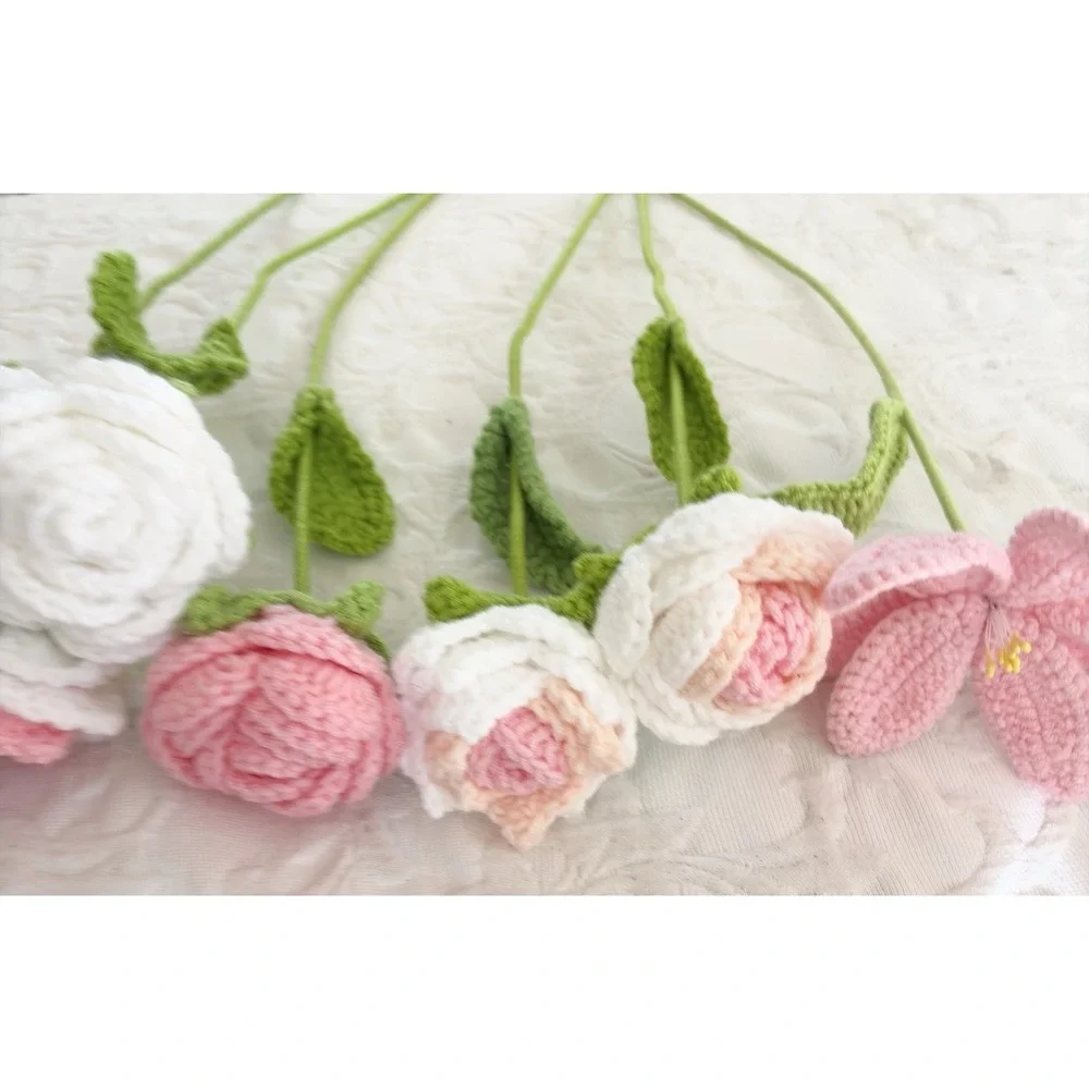 Handmade Crochet Flower Bouquet Pink Roses Lily Knit Flowers Gift Home Decor